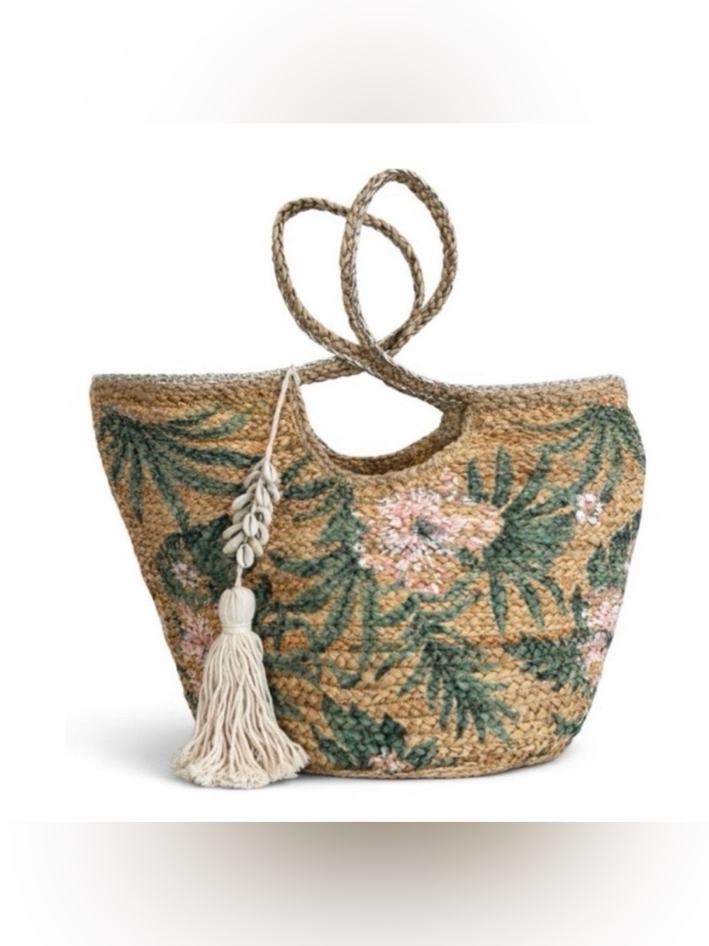 NWT Twig & Arrow Woven Floral Straw Tote Bag with Tassel & Shells